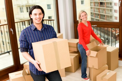 Packed office equipment prepared for a business move